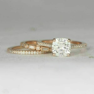 Moissanite Cushion Cut Bridal Set 7 MM: 14K Rose Gold Trio Wedding Ring