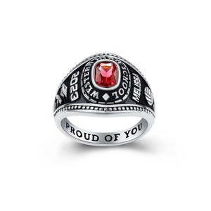 May include: A silver class ring with a black enamel band and a red gemstone. The band is engraved with "Western School" and "Melissa 2023". The inside of the band is engraved with "Proud of You".