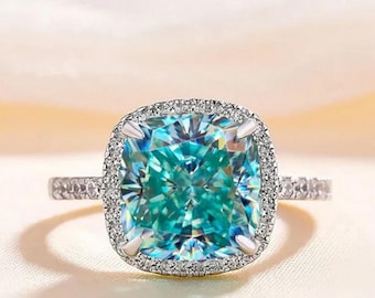 Cyan Blue Cushion Cut Moissanite Halo Engagement Ring, 14K White Gold 9 MM