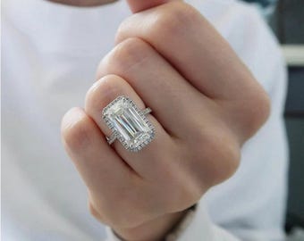 Emerald Cut Moissanite Halo Engagement Ring 13x8 MM: 14K White Gold Wedding Jewelry