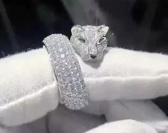 Moissanite Panther Ring: 2.50 Ct Round Cut, 14K White Gold Plated