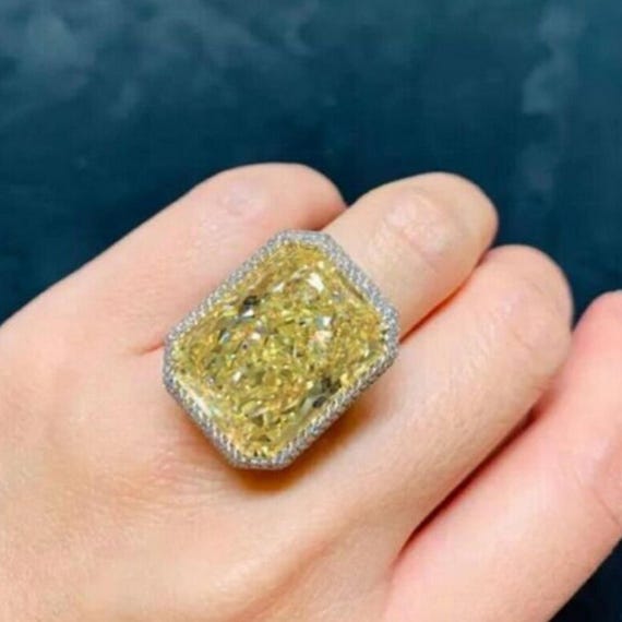 20 Carat Canary Yellow Radiant Cut Ring: Lab Created Diamond, 14K White Gold