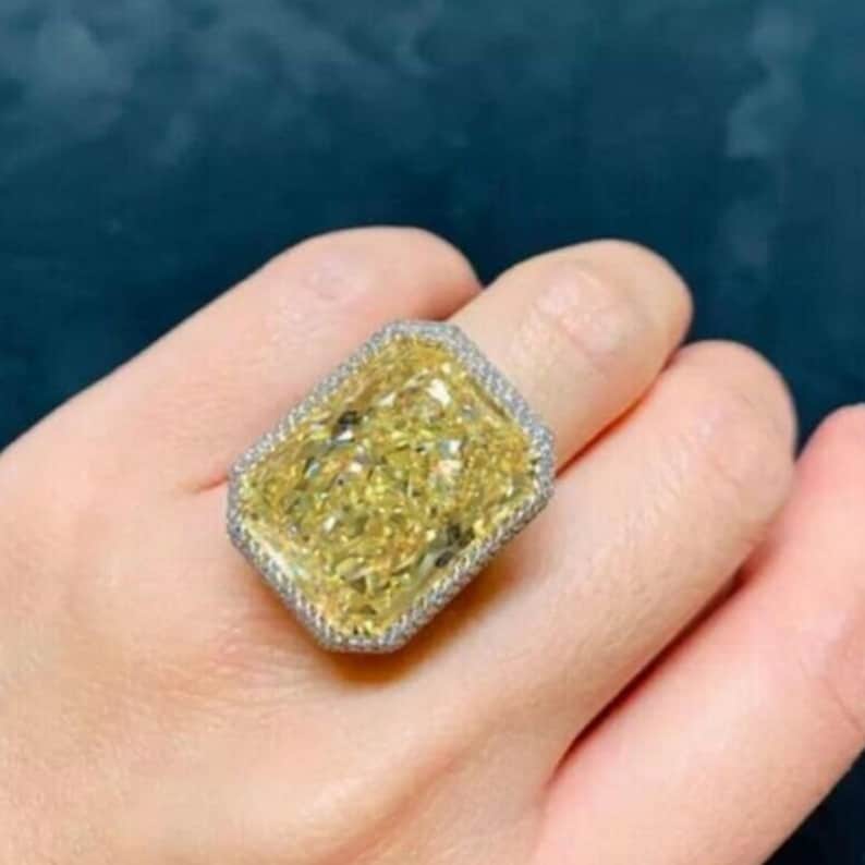20 Carat Canary Yellow Radiant Cut Ring: Lab Created Diamond, 14K White Gold image 1