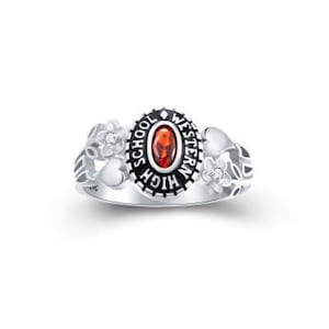 Może przedstawiać: Srebrny pierścionek klasowy z czerwonym kamieniem i napisem "Western High School".