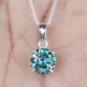 Moissanite Solitaire Pendant 1.50 CT Vivid Blue Round Cut 7.50 MM, 925 Silver Pendant, Solid 14K Gold Pendant, Moissanite Pendant For Gift