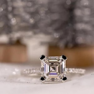 Asscher Cut Moissanite Engagement Ring: 14K White Gold Solitaire, 2 Carat 7.00 MM