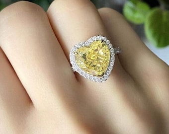 5 Carat Canary Yellow Heart Lab Diamond Halo Ring, 14K White Gold
