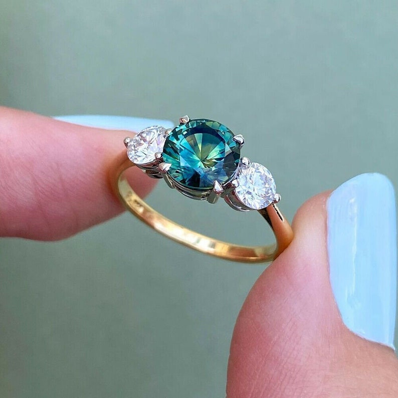 Royal Blue Moissanite Three Stone Ring, 14K White Gold Engagement Ring ...