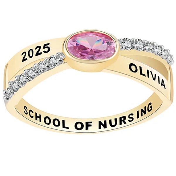 Anillo de graduación personalizado con piedra natal: Óvalo cruzado de plata de ley