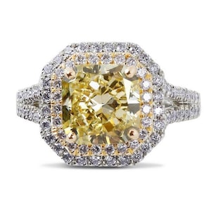 Canary Yellow Radiant Cut Lab Diamond Ring: 14K White Gold Double Halo 2.50 CT