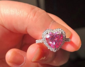 Pink Heart Cut Diamond Ring 9 MM: Halo 14K White Gold Engagement Jewelry