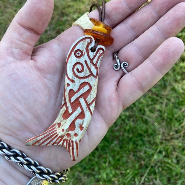 Viking Pendant No. 9 - Hand Carved Antler Pendant, Viking Pendants, Runes, Medieval Jewelry, Celtic, Salmon of Knowledge, Wisdom, Ogham