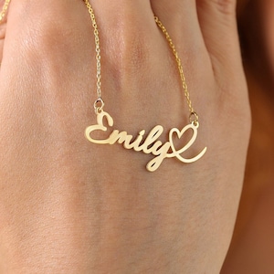 14k Solid Gold Personalized Love Heart Name Necklace, Custom Name Necklace, Name Necklace with Heart, Birthday Gift, Gift for Her