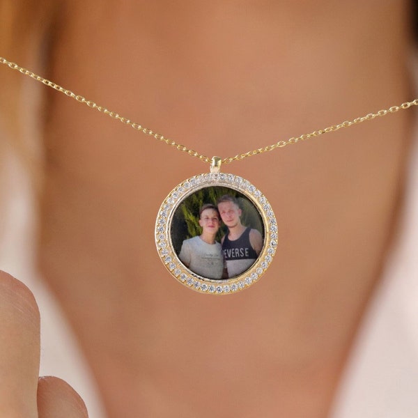 Personalized Photo Necklace Picture Pendant, Custom Made Photo Circle Children Photo Necklace With Cubic Zircon, Anniversary Gift For Her