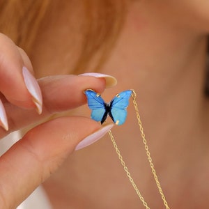 925 Sterling Silver Custom Blue Butterfly Necklace, Gold Butterfly Necklace, 14k Gold Minimal Enamel Butterfly Necklace, Dainty Butterfly