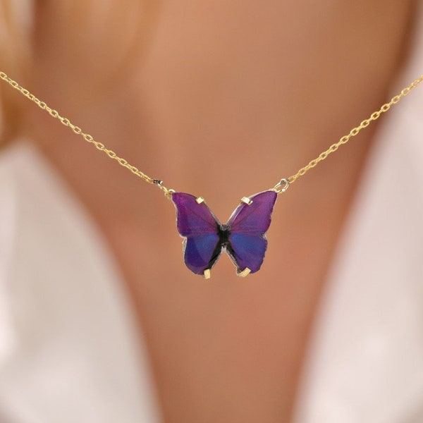 925 Sterling Silver Purple Dainty Butterfly Necklace, Gold Butterfly Pendant, 14k Gold Tiny Butterfly Necklace, Anniversary Christmas Gift
