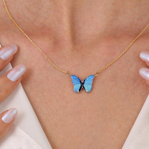 14k Solid Gold Butterfly Necklace For Women, Colorful Enameled Butterfly Pendant, Gifts For Mom, Butterfly Charm Necklace, Gift For Her