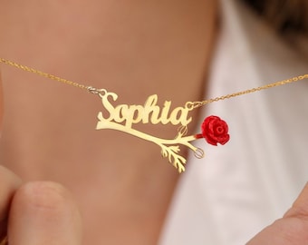 Personalized Rose Name Necklace, 14k Gold Custom Name Flower Necklace, Gift For Her, Bridesmaid Gift, Mothers Day Gift