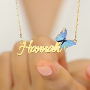 Custom Name Blue Butterfly Necklace, Personalize Butterfly Jewelry, Butterfly Bridal Pendant, Graduated Necklace, Baby Necklace Gift For Her