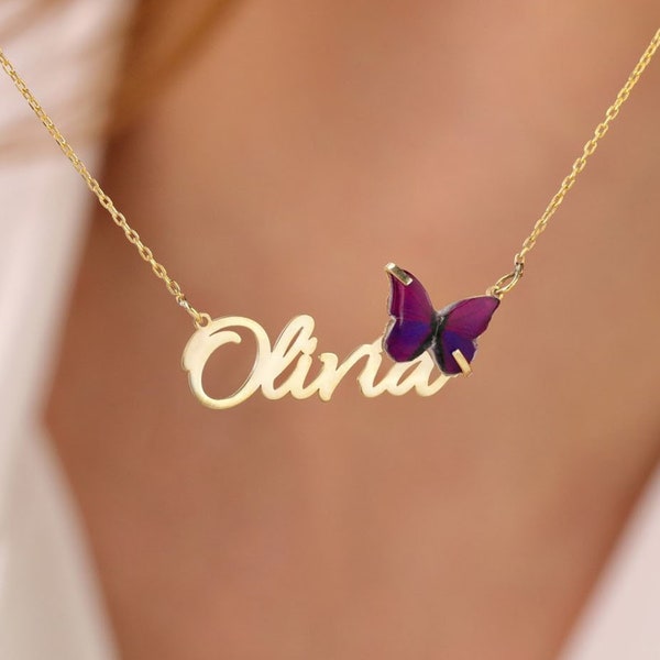 Personalized Purple Butterfly Name Necklace, Layer Butterfly Charms, Bridesmaid Gift, Personalized Jewelry, Birthday Gift, Christmas Gift