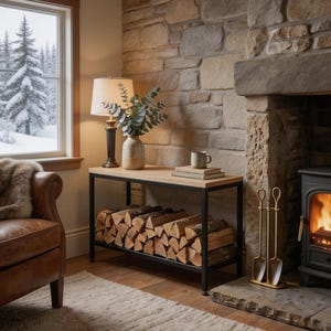 Könnte beinhalten: Gemütliches Wohnzimmer mit Steinkamin, Holzofen und Fenster mit Blick auf eine verschneite Landschaft. Ein Holztisch mit schwarzem Metallrahmen trägt eine Vase, eine Lampe und Bücher. Brennholz ist darunter gestapelt.