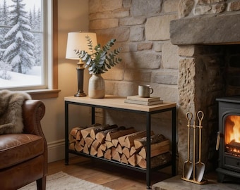 Handmade Wood & Metal Log Rack Console Table – Rustic Firewood Storage