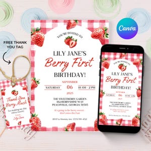 Berry First birthday invitation, berry 1st birthday, strawberry digital invite, Berry Mobile Invite, Birthday Invitation, Canva Editable
