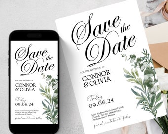 May include: Save the Date card with a white background and green foliage. The text reads "Save the Date" in a black cursive font. The names "Connor & Olivia" are printed below the text. The date "09.06.24" is printed below the names. The text "Saint Andrew the Apostle Parish Church Bel-Air, Makati City Archdiocese of Manila" is printed below the date.