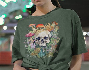 Bloom Skull Camicia, Colori Comfort, Camicia di Halloween, Camicia Teschio Floreale, Camicie Autunnali da Donna, Camicia Scheletro Teschio Fiore