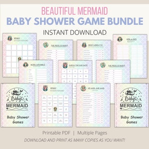 FICHIER NUMÉRIQUE À IMPRIMER - Ensemble de jeu de douche de bébé belle sirène, cartes de douche de bébé, faveurs de fête de douche de bébé