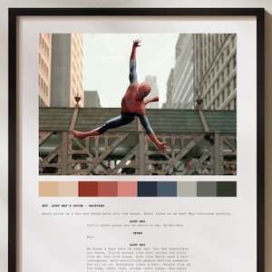 Peut inclure: Une impression encadrée en noir et blanc d'une scène du film Spider-Man. L'image montre Spider-Man se balançant dans les airs devant un horizon urbain. L'impression comprend également une palette de couleurs et un extrait de script du film.