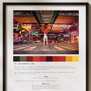 May include: Framed art print featuring a vibrant, futuristic cityscape with a person standing in the center. The print includes a color palette and text at the bottom. The artwork is set in a black frame and leans against a white wall.