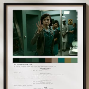 May include: Framed movie poster showing a scene from a film, with a woman in a teal dress and a brown jacket gesturing. The poster includes a colour palette and script excerpts.