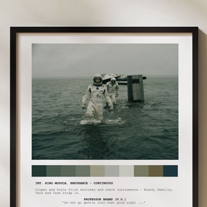 May include: A black and white movie poster featuring a scene from the film Interstellar. Two astronauts in white spacesuits are walking on a body of water. The poster includes a script from the film, "INT. RING MODULE. ENDURANCE. CONTINUOUS. Cooper and Doyle flick switches and check instruments. - Brand, Romilly.  Fast and case strap in.  PROFESSOR BRAND (V.O.) "Do not go gentle into that good night..." INT. COCKPIT. ENDURANCE. CONTINUOUS. Cooper turns to Doyle.  "Hit the thrusters." EXT. EARTH ORBIT. ENDURANCE. CONTINUOUS. Endurance's main engines FIRE. The craft pulls out of orbit. - Brand.  "Rape, rage against the dying of the light."  God speed, Endurance. The craft accelerates away from Earth."