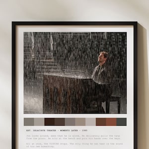 May include: A black and white photo of a man playing the piano in a theater. The stage is empty except for the piano and the man. The man is wearing a dark suit and tie. The photo is taken from a low angle, looking up at the man. The photo is in a black frame with a white mat. The photo is accompanied by a color palette of the colors in the photo. The photo is a still from the movie "The Pianist".