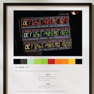 Peut inclure: Une impression encadrée d'une scène du film Retour vers le futur. L'image montre un gros plan de l'affichage numérique de la machine à remonter le temps, qui affiche "OCT 26 1985-01:21 DESTINATION TIME", "OCT 26 1985-01:22 PRESENT TIME", et "OCT 26 1985-01:20 LAST TIME DEPARTED". L'impression comprend également une palette de couleurs de la scène.