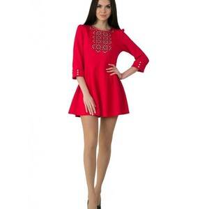 Mini red flare embroidery dress