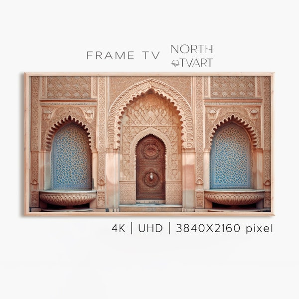Samsung Frame TV art, Arabic TV art, Moroccan mosaic fountain photo, 4K digital art for TV display