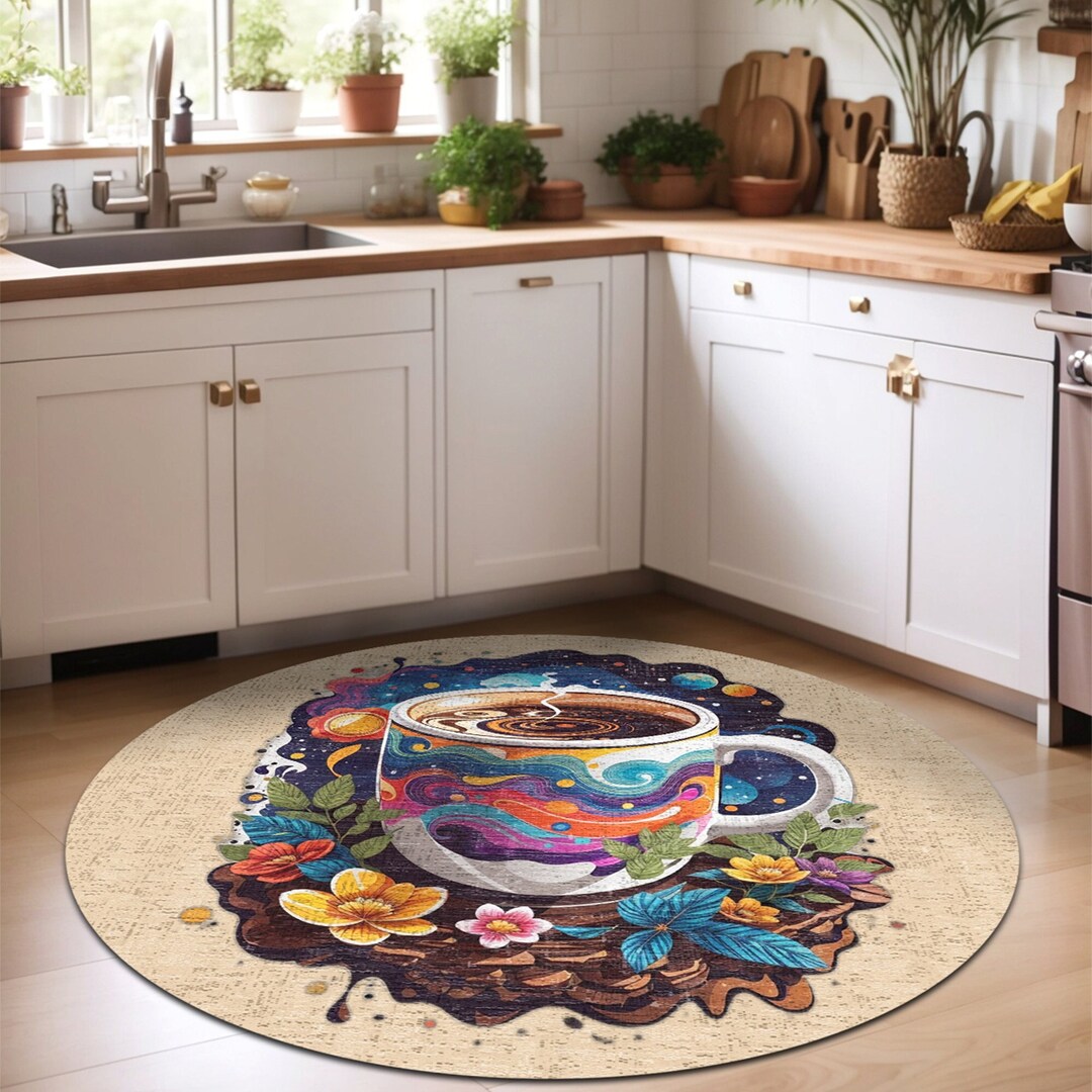 Round Rug Modern Coffee Themed Kitchen Rug Nonslip and Washable Easy