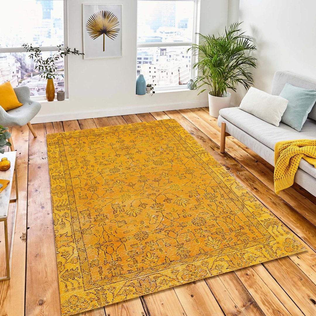 Vintage Mustard Yellow Floral Rug for Living Room & Kitchen Etsy