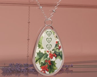 December Birth Month Flower Oval Pendant Necklace Jewelry Gift for Mom Elegant Mother's Day Cute Meaningful Colorful Botany Gifts from Kids