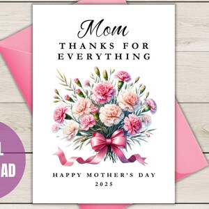 Cartão de aniversário com flores para o dia das mães 2025 Imprima em casa, mãe, obrigado por tudo, design floral com mensagem, opções personalizadas de janeiro a dezembro