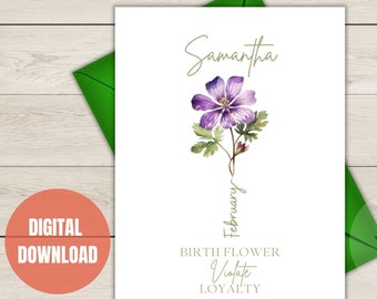 Personalized Name and Birth Month Flower Birthday Card | Printable Greeting Card | Digital PDF Download | Plant Lover Custom Gifts Under 20