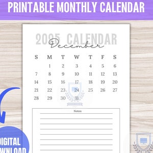 Könnte beinhalten: Druckbarer Monatskalender für Dezember 2025. Der Kalender hat ein minimalistisches Design mit weißem Hintergrund und grauem Text. Enthält einen Notizenbereich und eine Grafik zum digitalen Download.