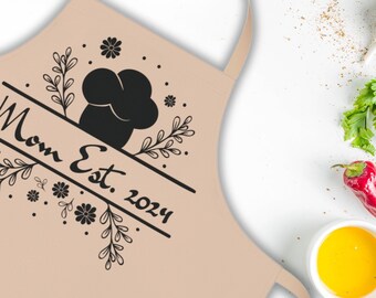 Mom Est. 2024 Apron Mother's Day Gift for New Mom Kitchen Accessories Floral Chef Grilling Gardening Cooking Baking Cute Aprons for Women