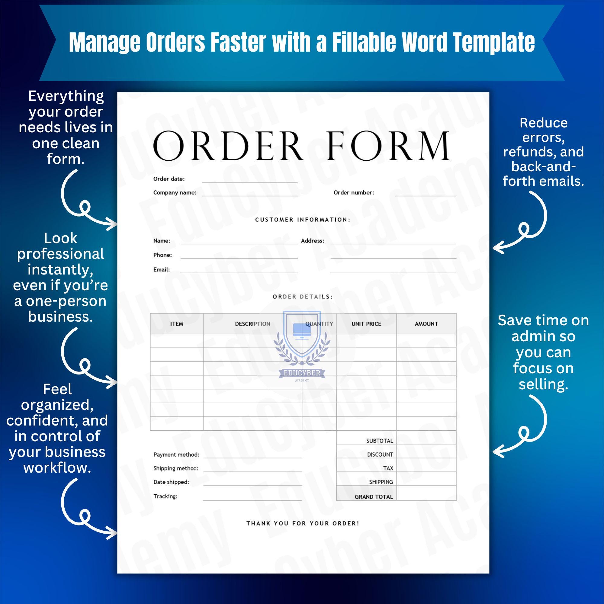 Invoice Template Editable Order Form Microsoft Word Ms Word Fillable ...