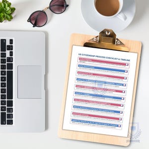 May include: A checklist and timeline for the US Citizenship process. The checklist includes steps such as confirming eligibility, gathering documentation, preparing for the interview, and attending the oath ceremony.