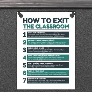 May include: A white instructional poster titled HOW TO EXIT THE CLASSROOM with seven numbered steps in dark grey and teal boxes. The text provides guidelines for students, including waiting for the signal, returning materials, and cleaning spaces.