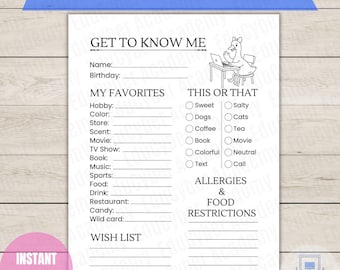 Ice Breaker Activities Team Building Get to Know Me Printable Questionnaire (US Letter PDF)