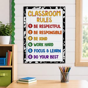 May include: A rectangular classroom rules poster with a black and white speckled border. The text reads: CLASSROOM RULES, 1 BE RESPECTFUL, 2 BE RESPONSIBLE, 3 BE KIND, 4 WORK HARD, 5 FOCUS & LEARN, 6 DO YOUR BEST, using colorful pencil-themed lettering.